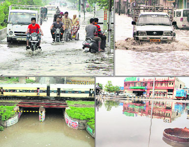 (Clockwise from top left) Heavy rain inundates Preet Nagar Sodal Road; Railway Road; area outside railway station; and Domoria railway underbridge giving tough time to commuters in Jalandhar on Thursday. 