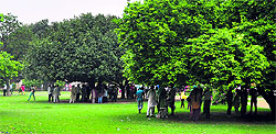 Students parents take shelter under trees at the PAU in Ludhiana