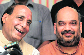 BJP president Rajnath Singh and partys UP in charge Amit Shah at a press conference in Lucknow on Thursday.