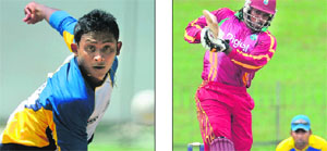 Gruelling contest is on cards between Ajantha Mendis (R) and Chris Gayle during the tri-nation ODI series.
