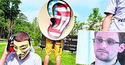 Activists hold a tap the phone and Internet lines protest outside the US Embassy in Kiev on Thursday