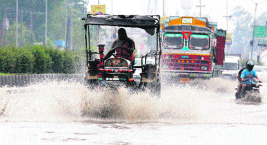Water accumulated on the elevated Road in Amritsar following heavy rain.