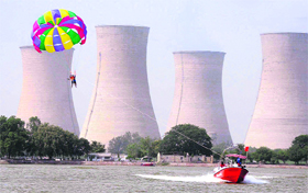 A para-sailing trial being held at the Thermal lake No 3 in Bathinda on Friday.