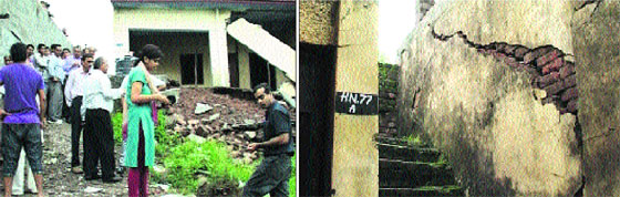 Officials had inspected the area when the houses had collapsed due to landslide last year; and (right) cracks visible in a house at Chandi Kotla.