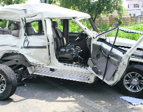 The ill-fated jeep that collided head-on with a bus on the Sirhind-Patiala road on Friday.