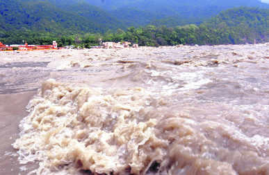 About 10 days after the desvastating flash floods hit the region, the Ganga still flows fast and furious near the popular tourist town of Rishikesh.
