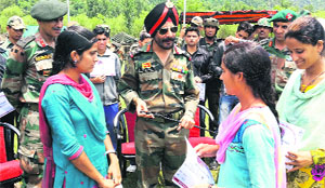 General Officer Commanding, Counter Insurgency Force (Uniform), HS Gill interacts with the participants during an adventure camp organised by the Sarh based RR unit at Chinkah in Reasi on Friday. 