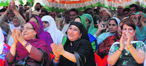 Women Congress workers at the interactive session with Union Foreign and External Affairs Minister Salman Khurshid in Srinagar on Friday. 