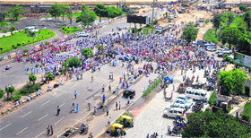 Dera Sacha Sauda followers block the Ferozepur Road at Sidhwan Canal Bridge on Friday.