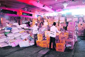 Large quantities of eatables and other relief material remain stockpiled in godowns in lower areas due to road blockages in upper reaches of flood-hit Uttarakhand on Saturday