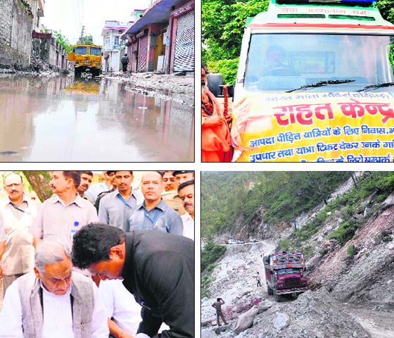 (From top left, clockwise): A submerged road in suburban Haridwar; relief aid flagged off; Uttarakhand Chief Minister Vijay Bahuguna meets victims at Joshiyara in Uttarkashi district on Saturday; a landslide-prone area which was cleared by the BRO near Srinagar in Garhwal on Saturday