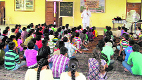 Children participate in the summer camp Aman Jyothi Summer Camp in Jammu on Saturday.