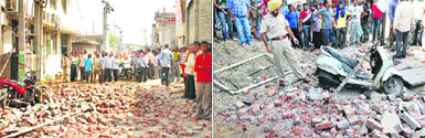 Factory workers gather at the spot where a wall collapsed at a mill on Tibba Road on Saturday; and (right) a policeman looks at a scooter that was damaged in a similar incident in the Mata Rani Chowk area.