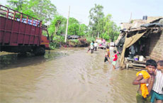 An inundated residential colony following incessant rain in Abohar. 