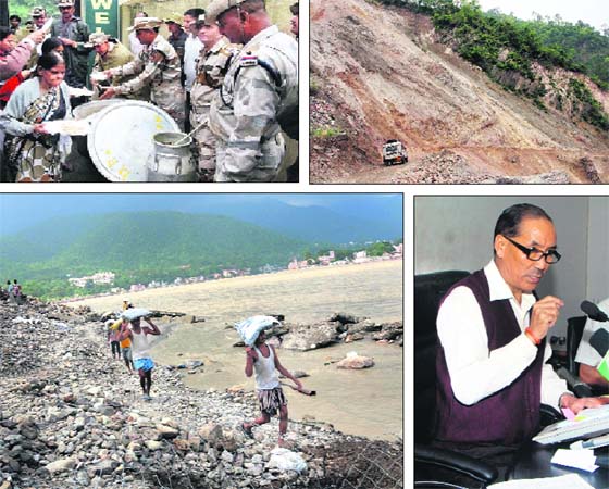 ITBP personnel distribute food to rescued pilgrims near Lambagar; a landslide in Tehri; workers repair damaged embarkments along the Ganga in Rishikesh; and Chief Secretary Subhash Kumar updates mediapersons about the flood situation in Uttarakhand