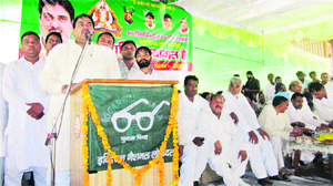 INLD leader Abhey Singh Chautala addresses a meeting to mark Kabir's 615th anniversary at Ratia in Fatehabad on Sunday.