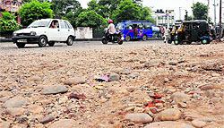 The dilapidated condition of the road at Ambphalla Chowk in Jammu