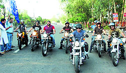 A group of motorcyclists during the start of a rally to spread awareness about traffic rules for safe biking in Jammu on Sunday