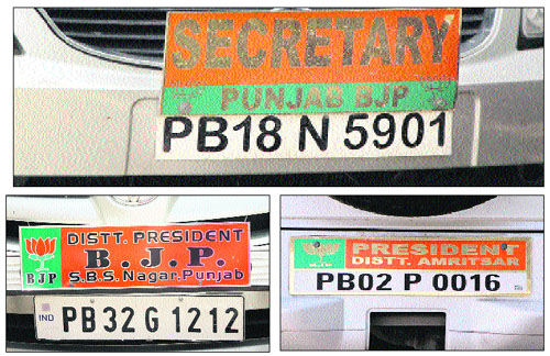  In violation of the Motor Vehicle Act, name plates were seen fixed on vehicles of various district-level BJP leaders, who were in Jalandhar to attend a state-level party meeting on Sunday. 