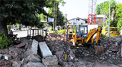 Work under progress at the Jehangir ChowkNatipora flyover in Srinagar on Sunday