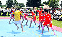 Players in action during the kabaddi match in Sopore on Sunday