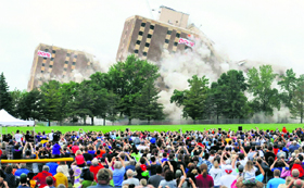 Gage Towers on the Minnesota State University, Mankato, campus collapse after a series of strategic explosions were set off on Saturday.