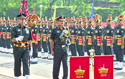 Lt Gen Philip Campose inspects a guard of honour after taking over as General Officer Commanding-in-Chief, Western Command, at Chandimandir on Monday. A Tribune photograph