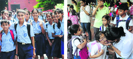 Students of a government school and (right) a private school in a jubilant mood in Chandigarh on Monday. Tribune Photos: Manoj Mahajan