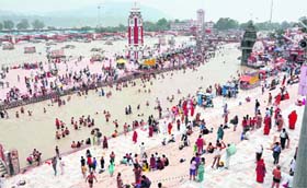 Braham Kund, Har-ki-Pauri-based Ganga ghat in Haridwar, wears a deserted look on Monday in the peak season owing to the natural disaster