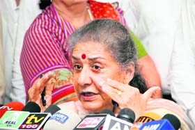 Ambika Soni, Congress general secretary and in charge of Uttarakhand affairs, talks to mediapersons in Dehradun on Monday