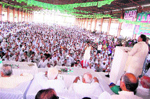 Abhey Singh Chautala addresses a rally at Mallekan in the Ellenabad Assembly segment of Sirsa on Monday. 