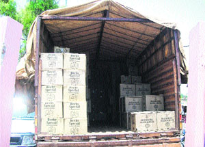 The truck carrying 720 boxes of wine seized by the CIA staff in Kaithal on Monday. 