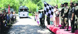 Brigadier Tejinder Singh, Commander, Krishna Ghati Brigade, flags off the 10-day national integration tour in Poonch on Monday. A Tribune photograph