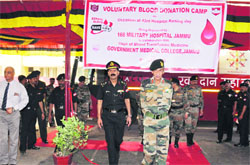 Lt Gen DS Hooda, GOC, White Knight Corps of 166 MH and Commandant, 166 MH Jammu, at the blood donation camp in Satwari on Monday. A Tribune photograph