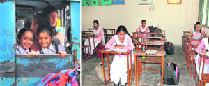 Students going to school in an auto-rickshaw; and a virtually empty classroom (right) at a local government school in Jalandhar on Monday.