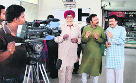 Doordarshan artistes shoot a documentary at the Suvidha Centre in Jalandhar on Monday.