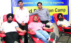 A blood donation camp in progress in Ludhiana on Monday.