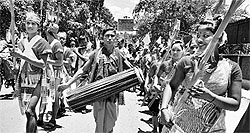Assamese people take out a cultural rally as part of a mass convention of indigenous people organised by the Asom Sanmilita Mahasangha in Guwahati on Monday