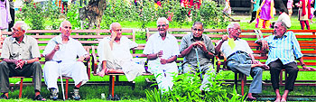 Elderly people have a leisure time at Rose Garden in Ludhiana on Monday