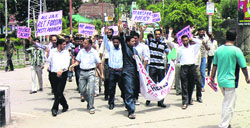 Rehber-e-Taleem teachers protest in Poonch on Tuesday. A Tribune photo