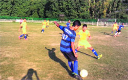 Players in action during a match in the ongoing J&K State Power Development Corporation Annual League Football Tournament-2013. A Tribune photograph 