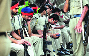 Police personnel a day before the state goes to panchayat polls. 