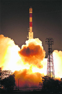 PSLV-C22, carrying Indias first navigation satellite, IRNSS-1A, takes off during its launch in Sriharikota on Monday night.