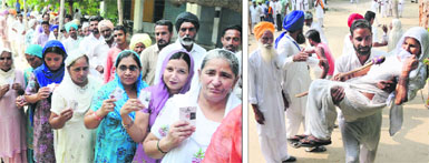 Residents stand in a queue to cast their vote at Sivian village in Bathinda district on Wednesday; and (right) a man carries an old woman to the polling booth in the village. 