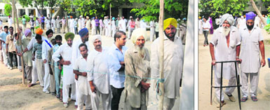 Voters stand in a queue to cast their votes at village Sivian in Bathinda district on Wednesday; an elderly man (right) makes his way to the polling station to exercise his franchise in Sivian. 