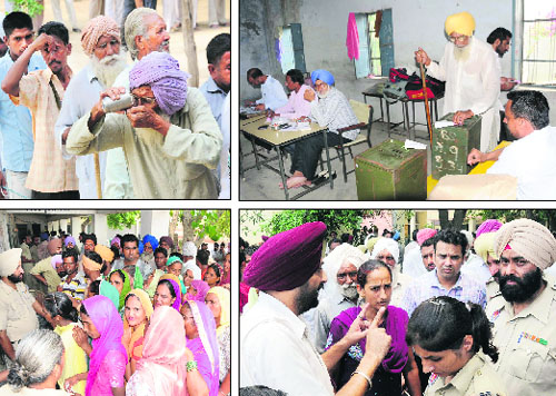 (Clockwise from above) A man drinks water to quench his thirst while waiting for his turn to cast vote at a polling booth; a senior citizen casts his vote in Sivian village; Returning Officer Rupinder Singh Sekhon tries to pacify an agitated supporter of a candidate at Nehianwala in Bathinda; voters queue up to exercise their franchise at Joganand in Bathinda district.