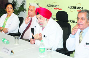(From right) Dr SK Sharma, Dr Inderjit Singh Virdi, Dr SP Kaushik and Dr Shubha Nagpal address the media at Alchemist Hospital, Sector 21, in Panchkula on Wednesday.