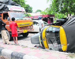 The scene of an accident on the road separating Sectors 31 and 32 in Chandigarh on Wednesday.