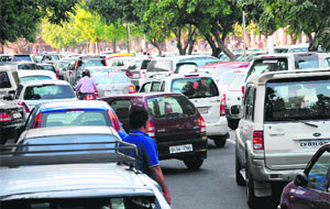 A congested parking lot in Sector 17. 