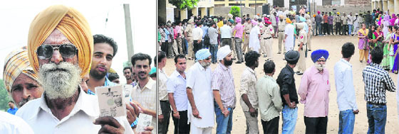An elderly man; and (right) people wait for their turn to cast vote at Balongi village in Mohali on Wednesday.